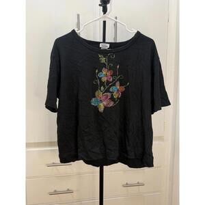 Isaac’s Designs Black Rhinestone Floral Short Sleeve Tee Cotton Women’s 1XL